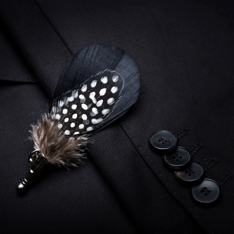 Kid's Black & White Dots Feather Bow Tie with Lapel Pin