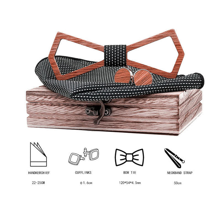 3Pcs Men's Hollow Carved Design Wooden Bow Tie Set