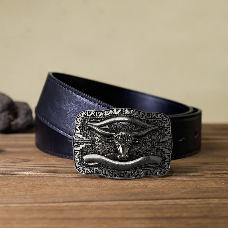 Men's DIY Silver Square Longhorn Bull Buckle Leather Belt