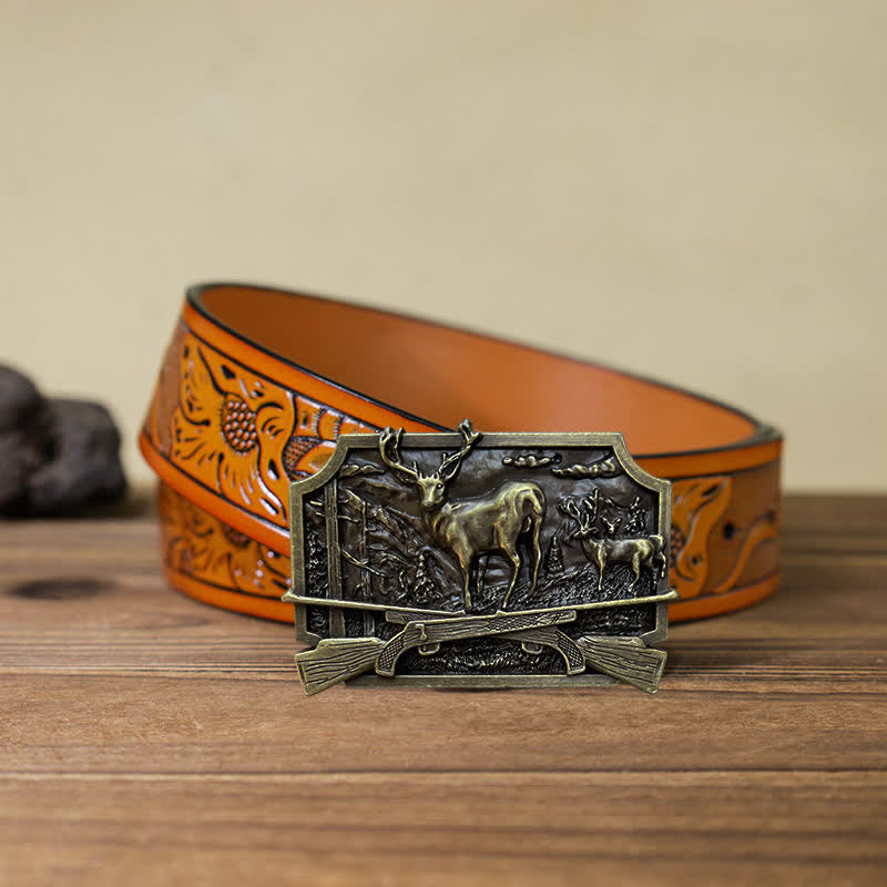 Men's DIY Deer Shotgun Hunter Buckle Leather Belt