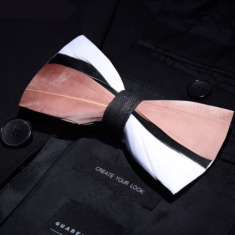 Pale Pink & White Wavy Feather Bow Tie with Lapel Pin