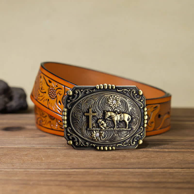 Men's DIY Horse Cross Kneeling Prayer Buckle Leather Belt