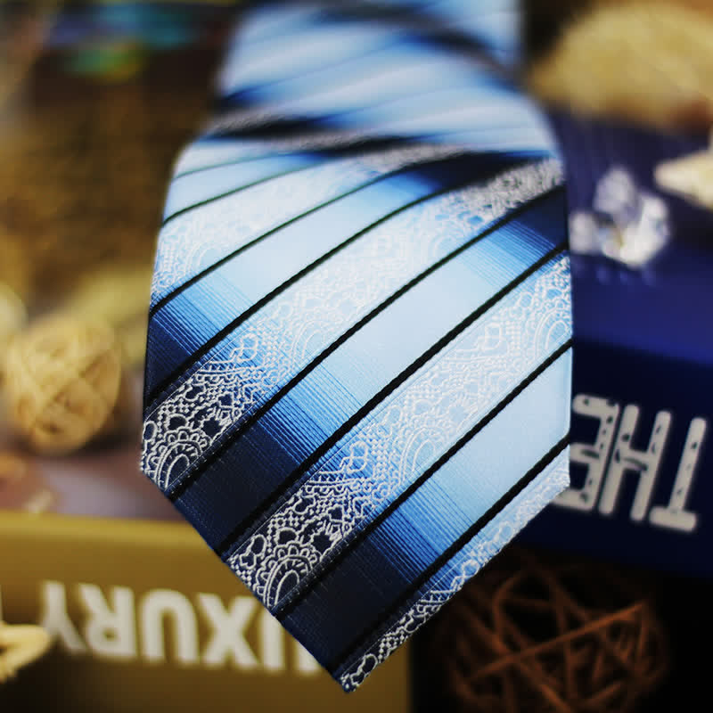 Men's Shade of Blue Gradient Paisley Striped Necktie