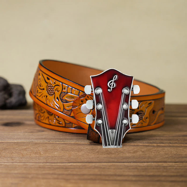 Men's DIY Musical Guitar Headstock Buckle Leather Belt