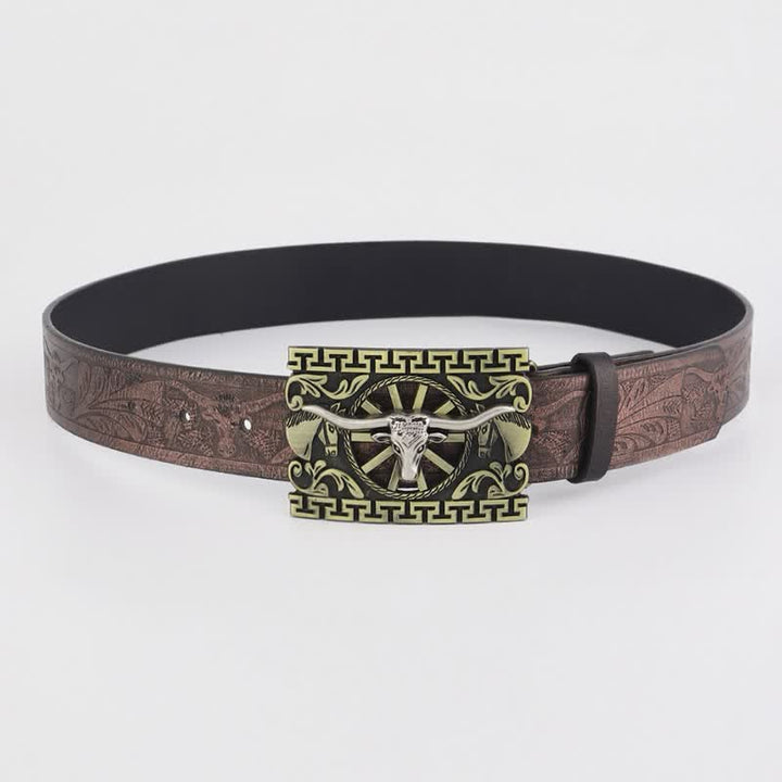 Men's Bronze Hollow Cattle Bull Buckle Leather Belt