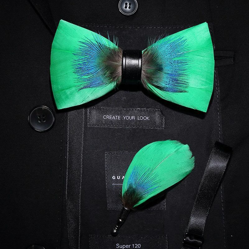 Kid's Blue & Green Novelty Feather Bow Tie with Lapel Pin