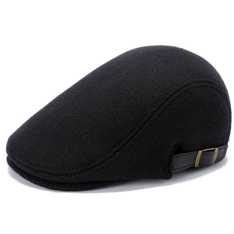 Leather Adjustable Buckle Flat Beanie Cap Beret - Solid Black - Adjustable (about 22"-23 1/4") - image 0