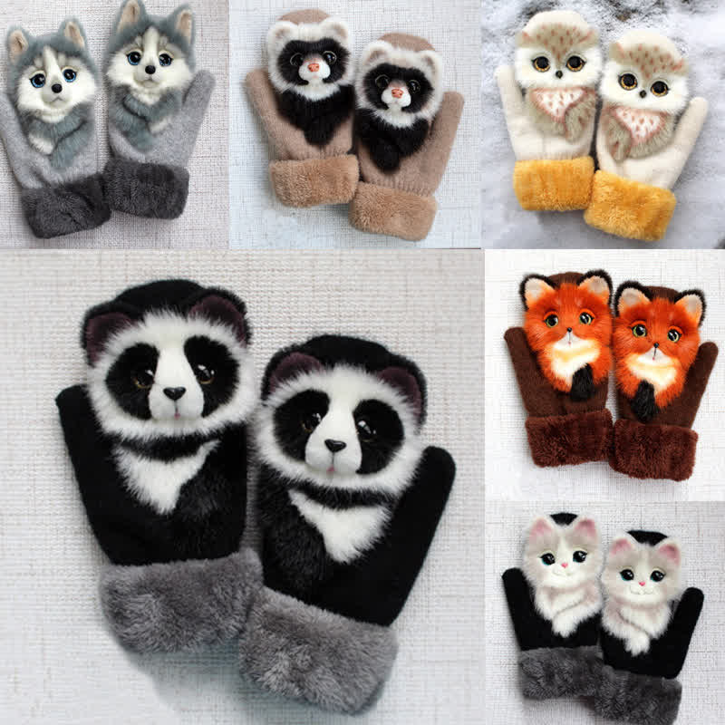 Women's Cute Animal Furry Mittens Gloves