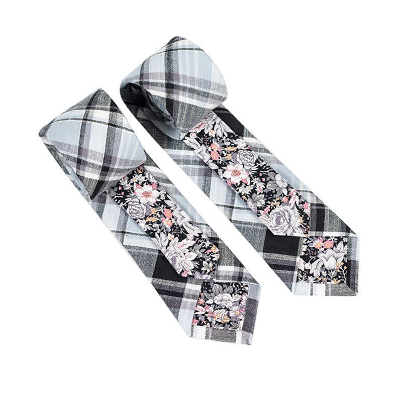Men's Novel Plaid Floral Patchwork Necktie - Gray Plaid - image 30