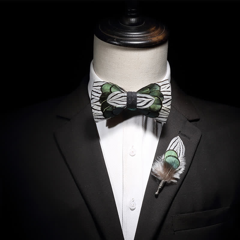 Kid's Green & White Forest Feather Bow Tie with Lapel Pin