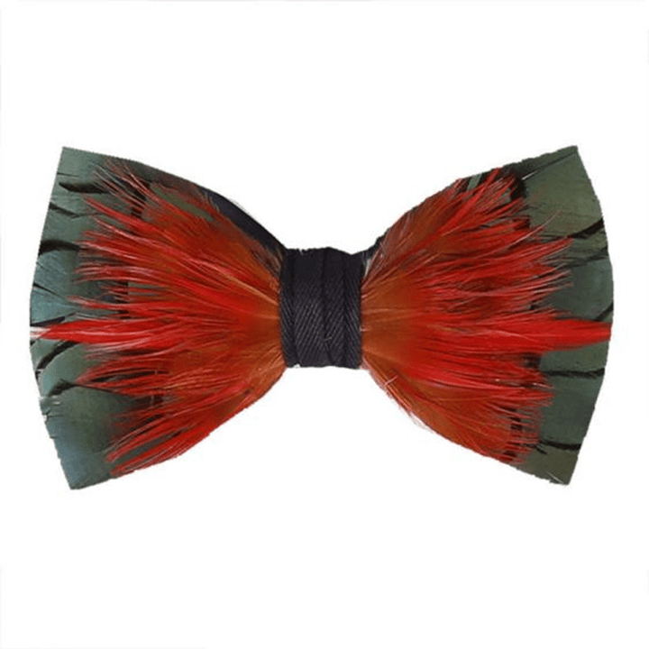 Hot Red & DarkGreen Feather Bow Tie with Lapel Pin