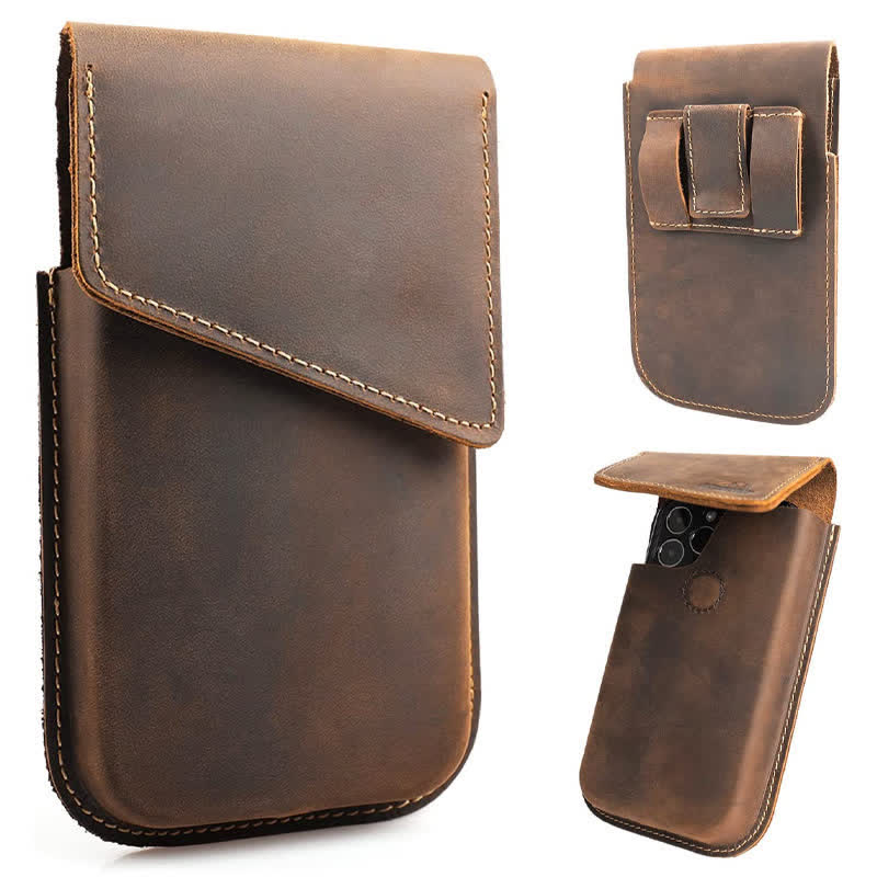 Flip Cellphone Case Magnetic Genuine Leather Belt Bag