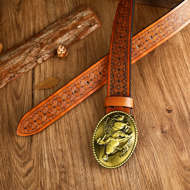 Men's Running Horse Geometric Buckle Leather Belt