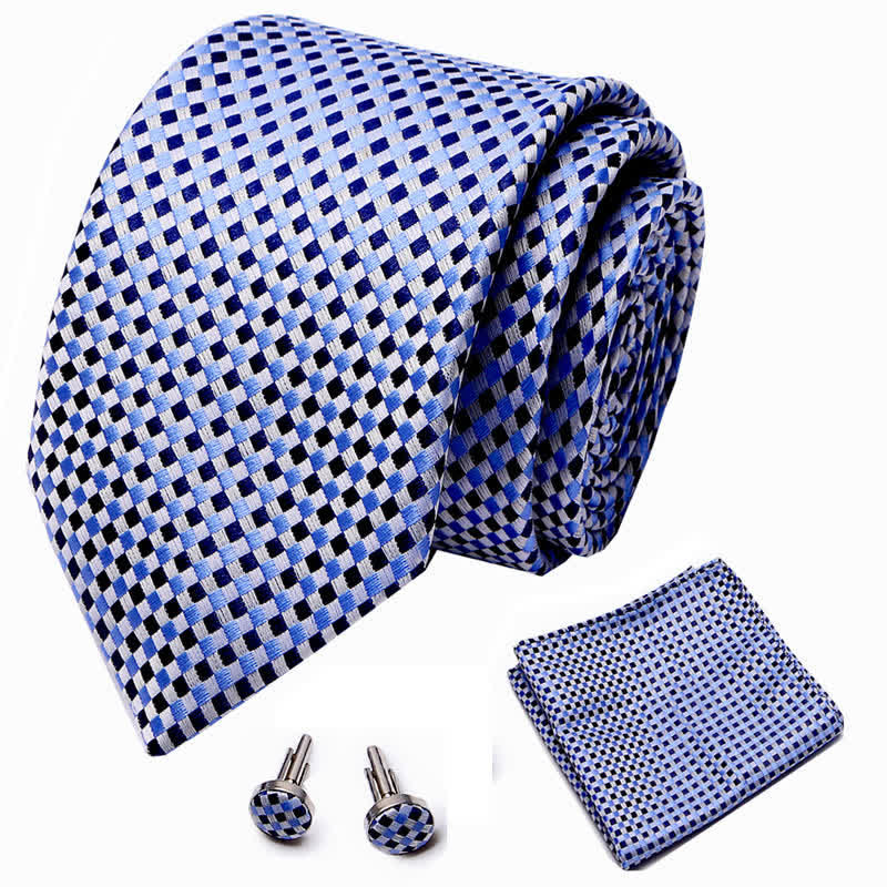 3Pcs Men's Blue & Black Woven Checked Necktie Set