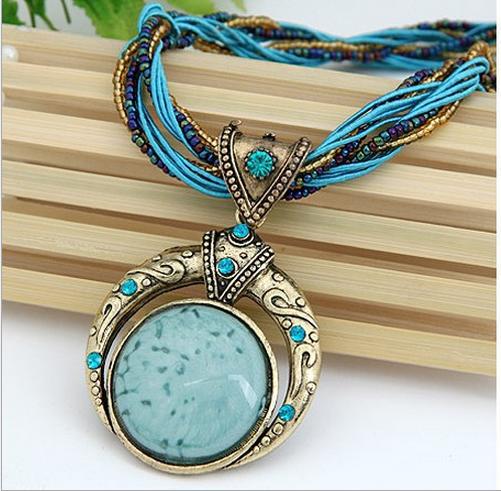 Bohemian Vintage Handmade Beaded Round Stone Necklace - Blue - image 6