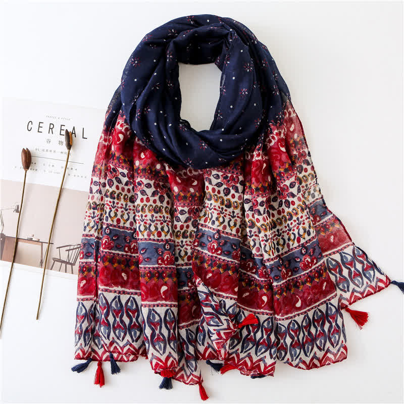 Women's Bohemian Print Floral Tassel Scarf