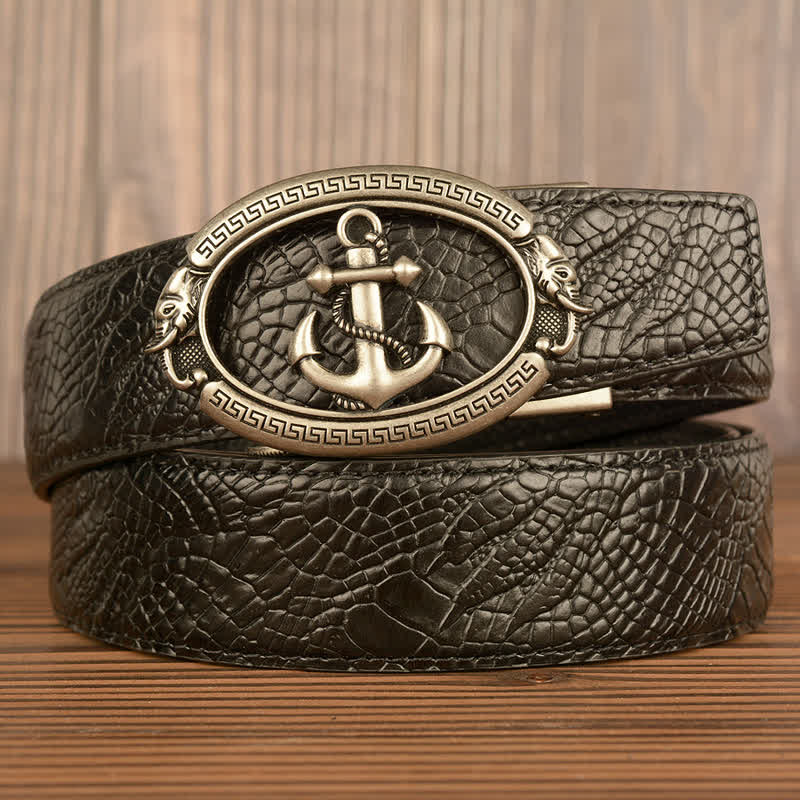 Men's Nautical Anchor Crocodile Embossed Leather Belt