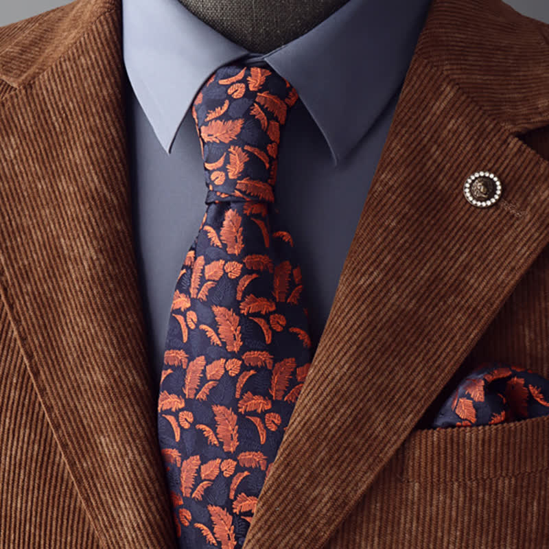 Men's Orange & Navy Feather Prints Necktie - Orange & Navy - image 0