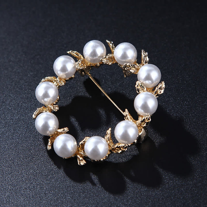 Women's Pearl Leaves Circle Brooch