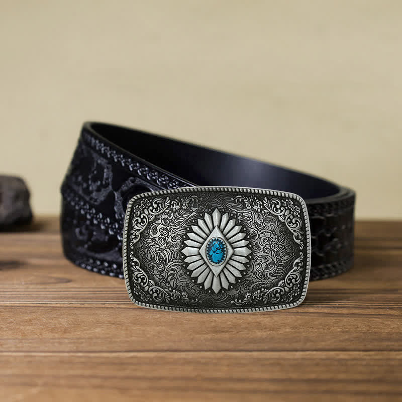 Men's DIY Square Turquoise Western Buckle Leather Belt