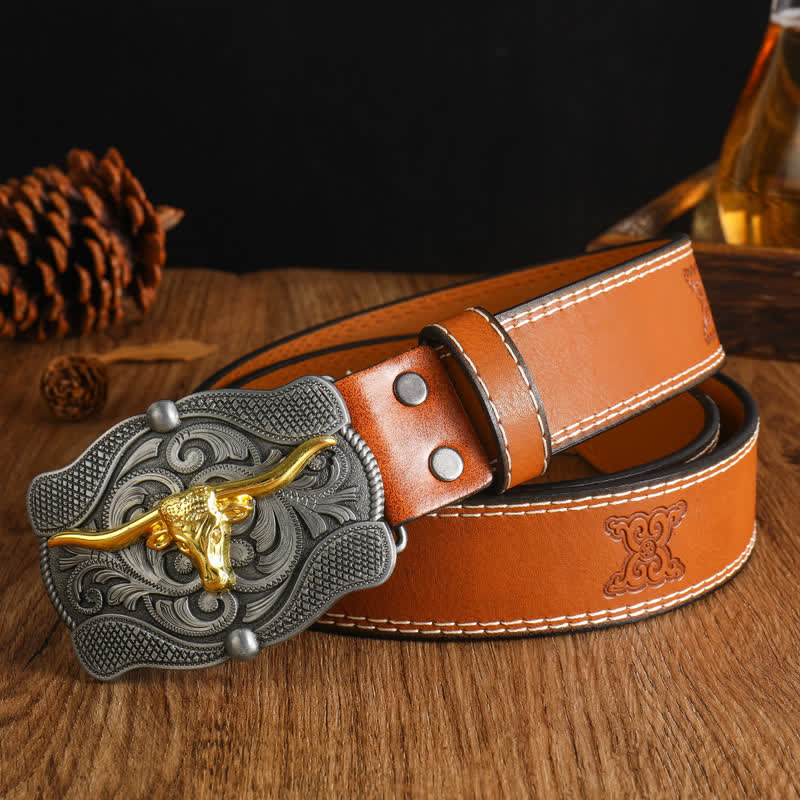 Men's Square Golden Longhorn Bull Leather Belt