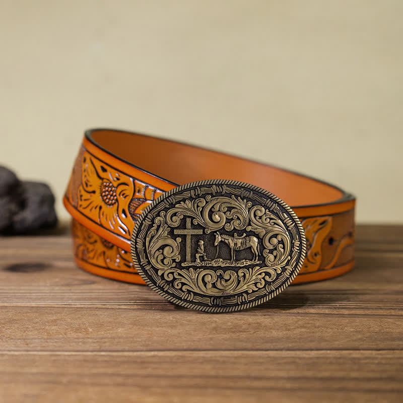 Men's DIY Praying Cowboy Oval Buckle Leather Belt