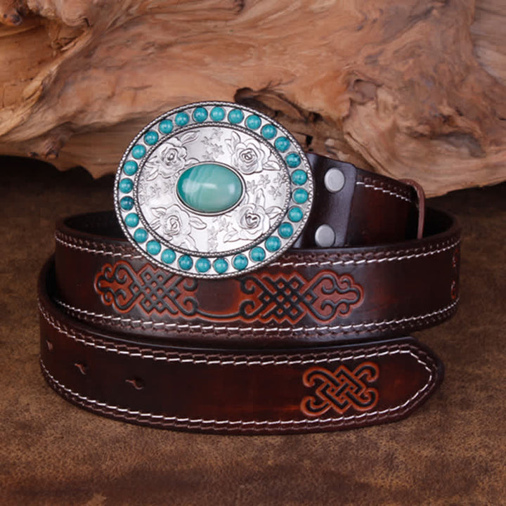 Unisex Carved Rose Turquoise Jade Agate Leather Belt