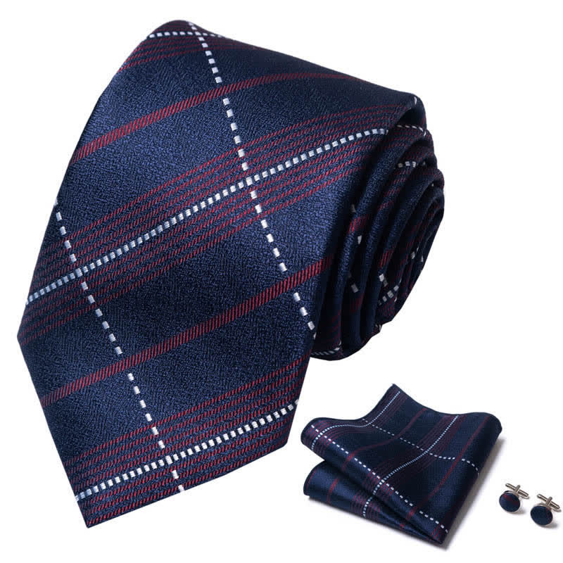 3Pcs Men's Deep Navy & Red Plaid Necktie Set