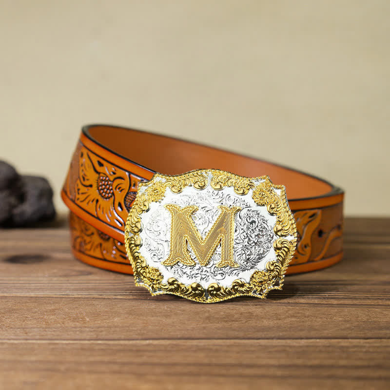 Men's DIY Golden Initial Letter Buckle Leather Belt