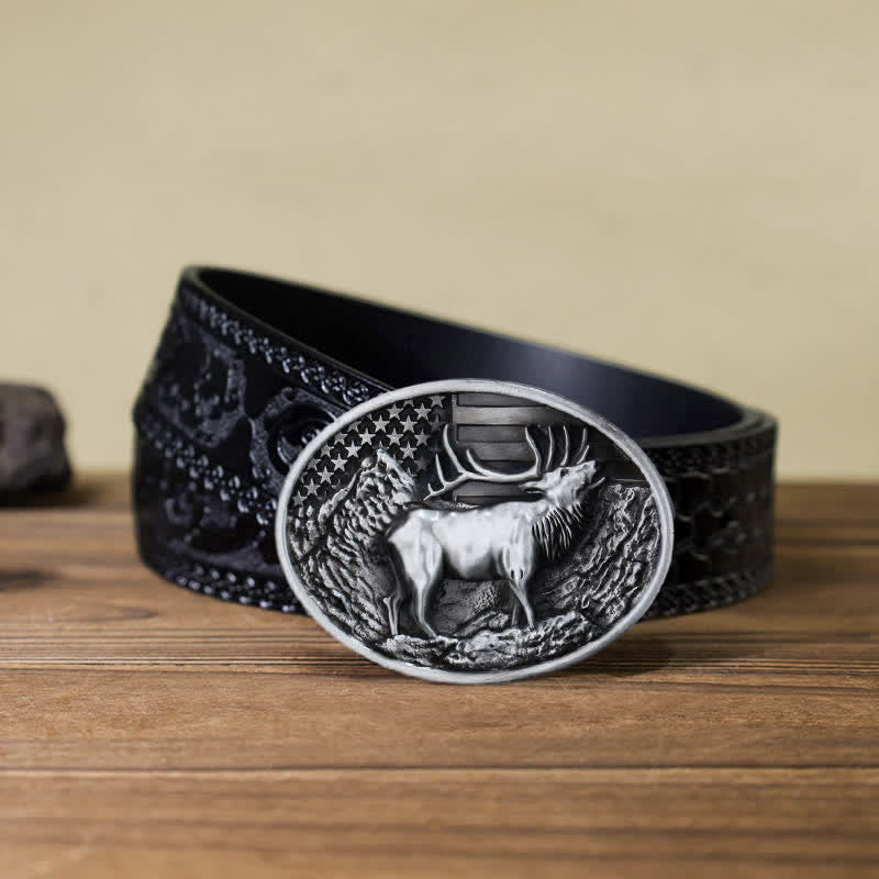 Men's DIY Elk Deer American Flag Buckle Leather Belt