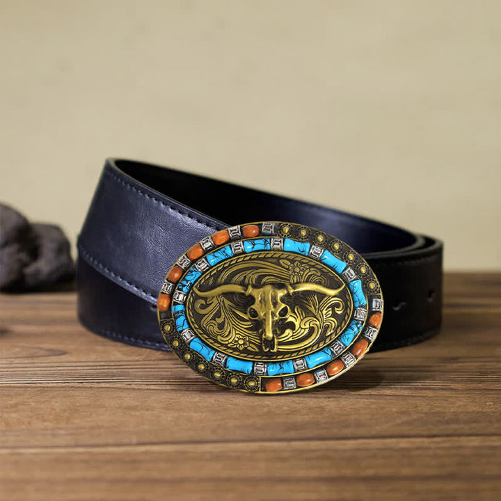 Men's DIY Turquoise Wood Bead Bull Buckle Leather Belt