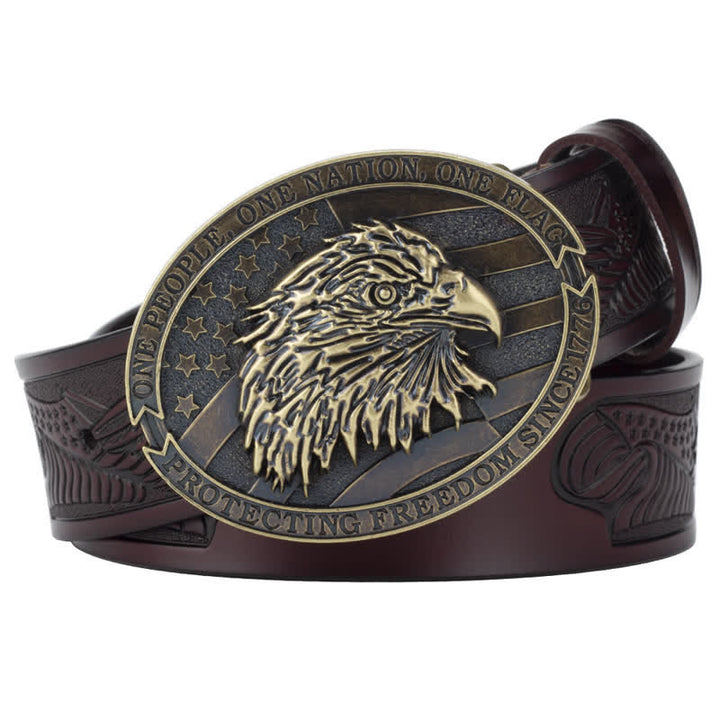 Men's Bald Eagle Head American Flag Buckle Leather Belt