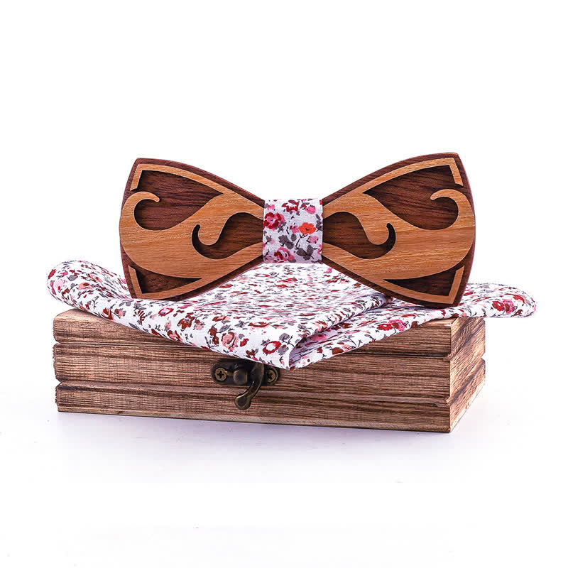 2Pcs Men's Carving Beards Wooden Bow Tie Set