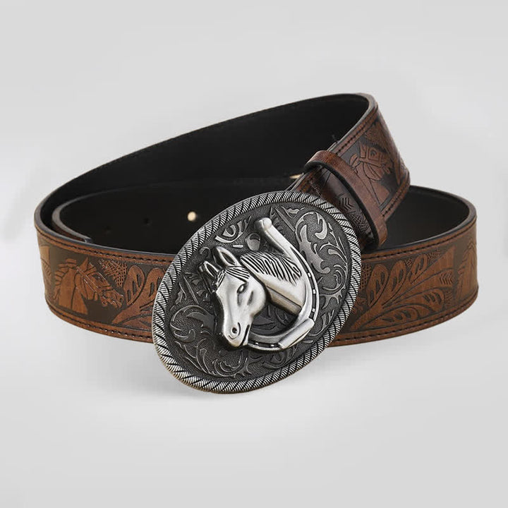 Men's Horse Head Brown Embossed Pattern Leather Belt