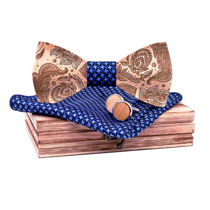 3Pcs Men's Carving Paisley Wooden Bow Tie Set