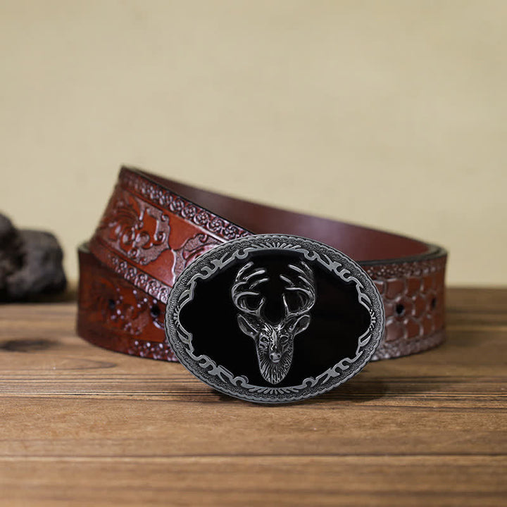 Men's DIY Black Deer Head Buckle Leather Belt