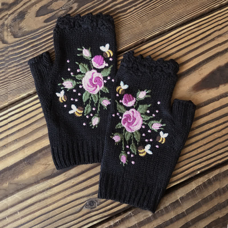 Women's Flower Embroidered Half Finger Knit Gloves