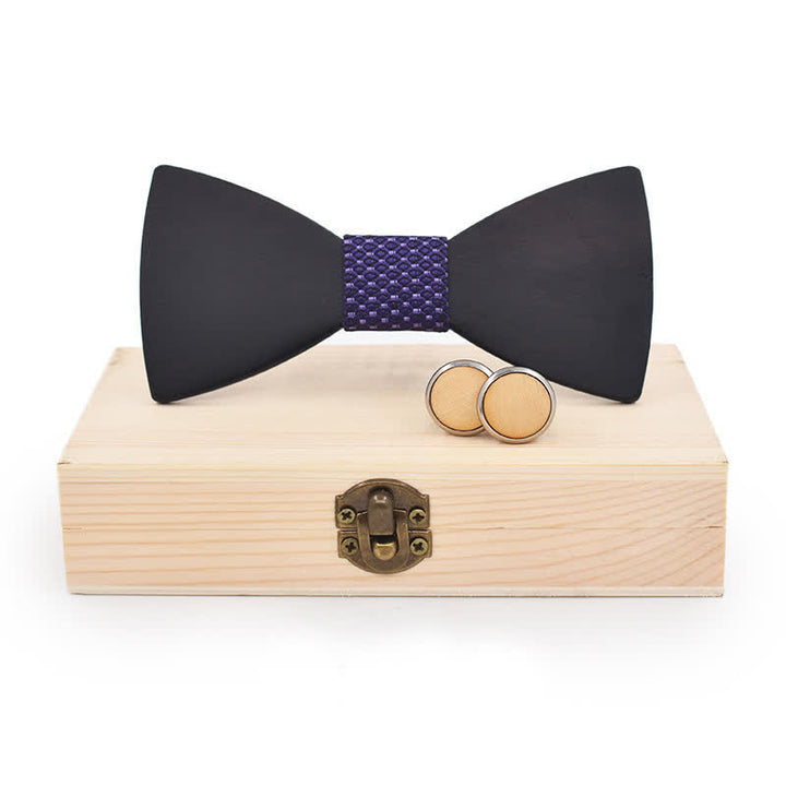 2Pcs Men's Black Wooden Bow Tie Cufflinks Set