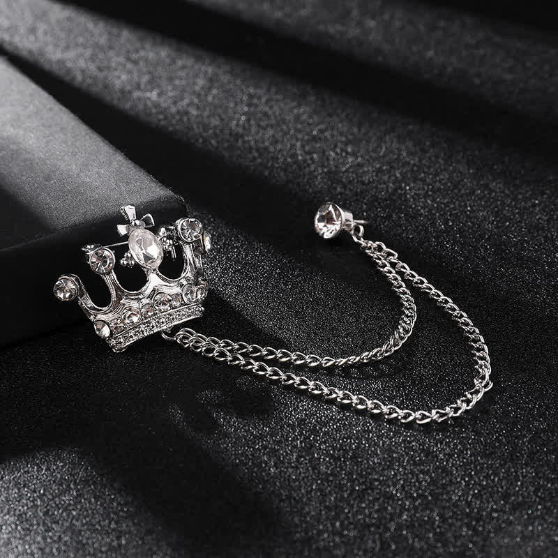 Men's Retro Crown Chain Rhinestones Brooch - Silver & White - image 2