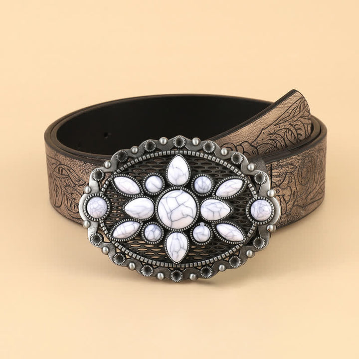 Women's Ethnic White Gem Embossed Leather Belt