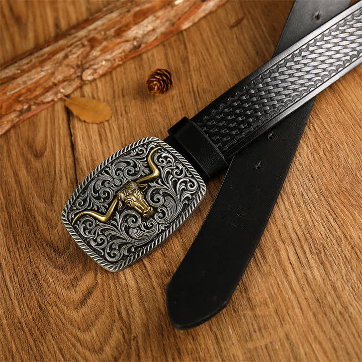 Men's Flower Square Bull Buckle Leather Belt - image 1
