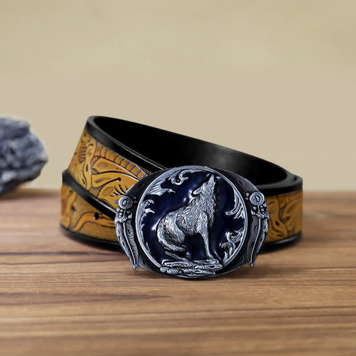 Men's DIY Enamel Domineering Howling Wolf Buckle Leather Belt