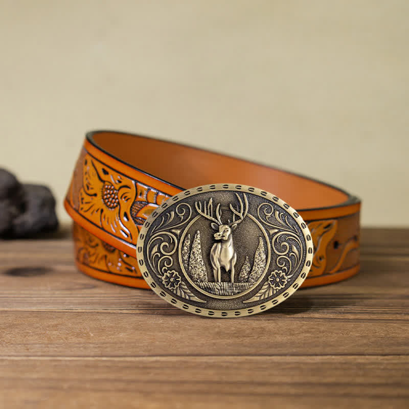 Men's DIY Forest Deer Oval Buckle Leather Belt