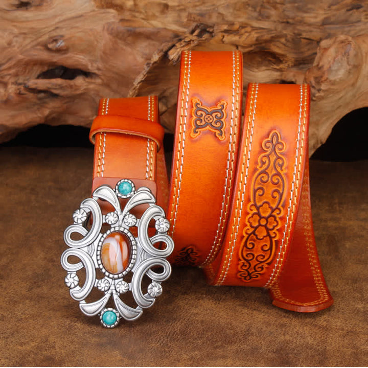 Unisex Agate Stone Turquoise Hollow Flower Leather Belt