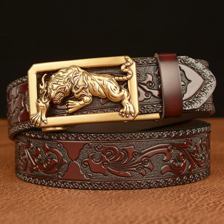 Men's Tiger Buckle Floral Embossed Leather Belt