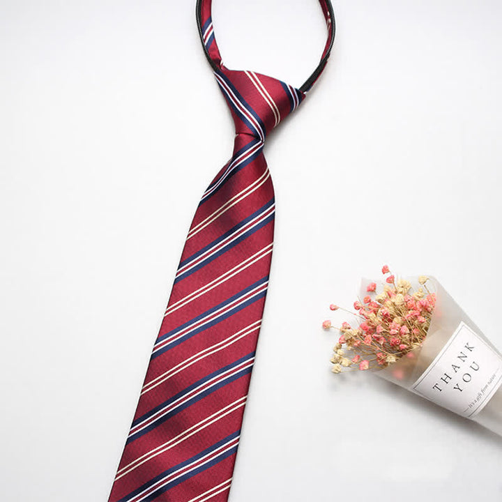 Men's Preppy Zipper Tie Striped Necktie - Red - image 3