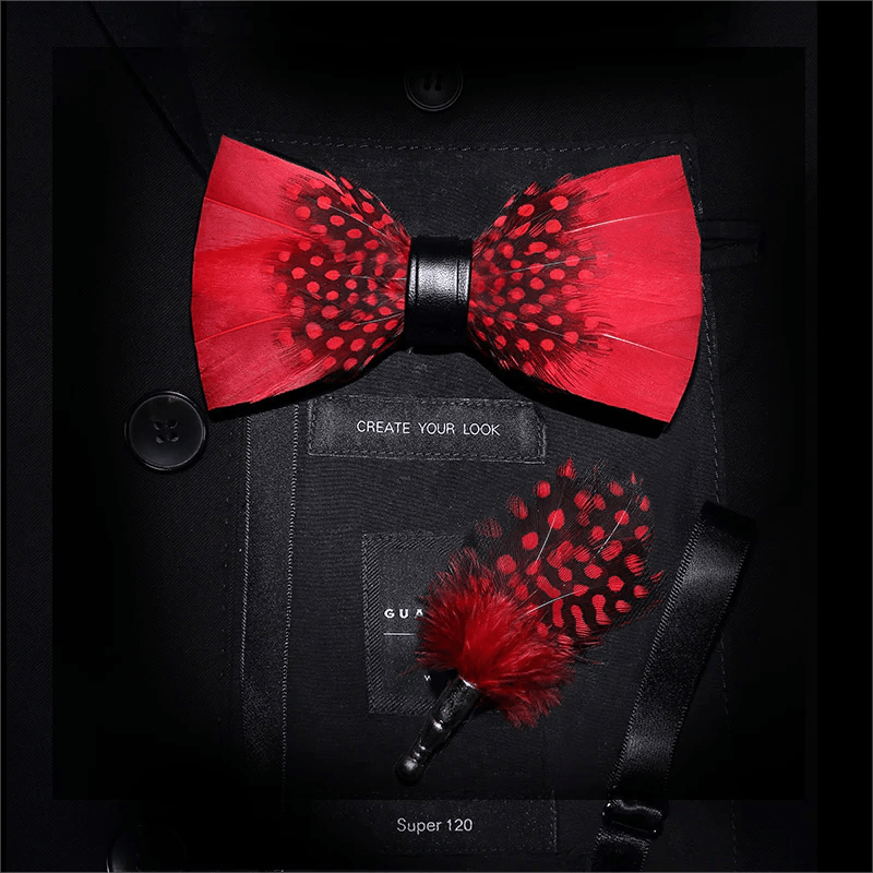 Red & Black Finch Feather Bow Tie with Lapel Pin