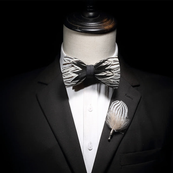 Kid's Black & White Zebra Stripe Feather Bow Tie with Lapel Pin