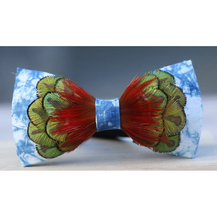 Cerulean Blue Tie-Dye Colorful Feather Bow Tie