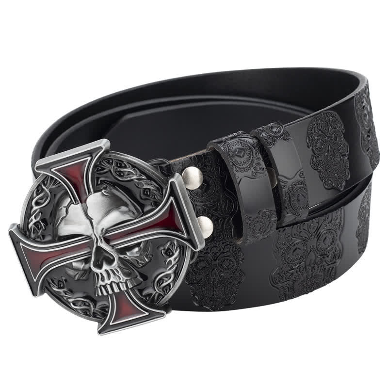 Men's Cross Skull Embossed Pattern Leather Belt